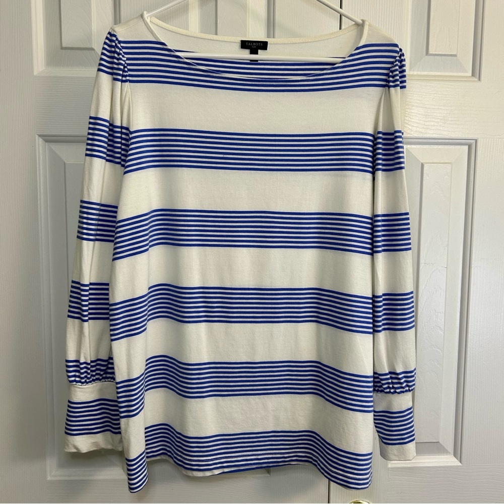 Talbots Plus Blue & White Stripe Balloon Sleeve Top Cotton Modal Spandex 1X